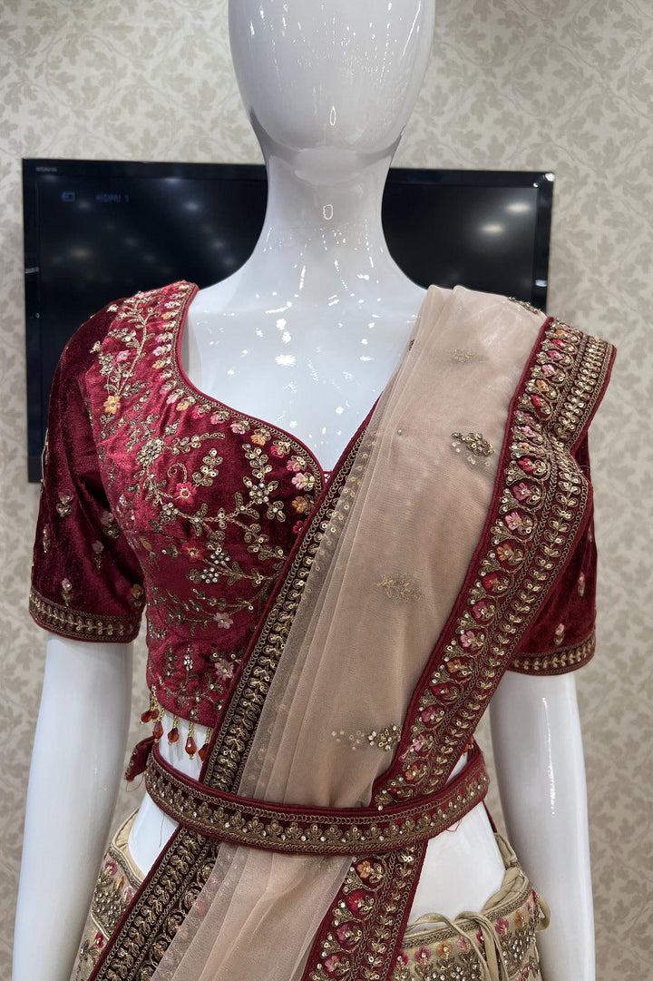 Gold with Maroon Sequins, Zari, Stone and Thread work Crop Top Designer Bridal Lehenga with Blet - Seasons Chennai