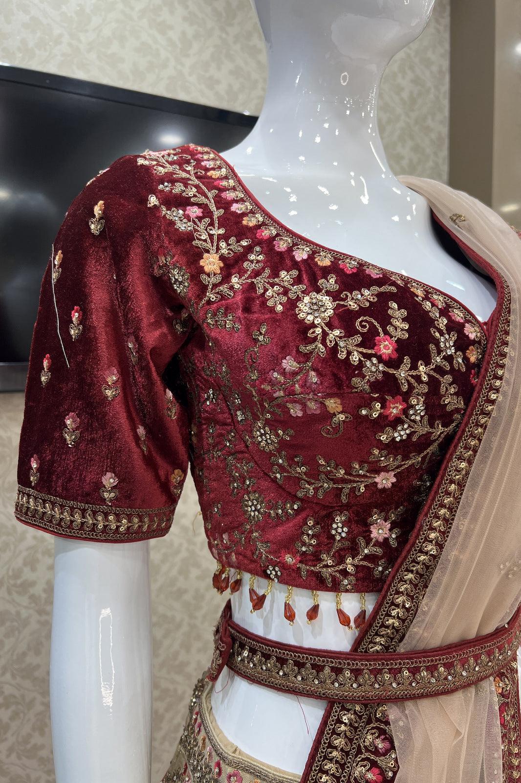 Gold with Maroon Sequins, Zari, Stone and Thread work Crop Top Designer Bridal Lehenga with Blet - Seasons Chennai