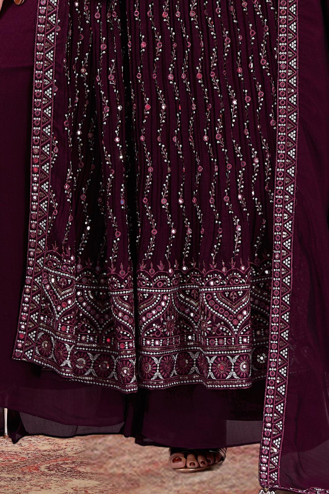 Wine Thread and Sequins work Salwar Suit with Palazzo Pants - Seasons Chennai