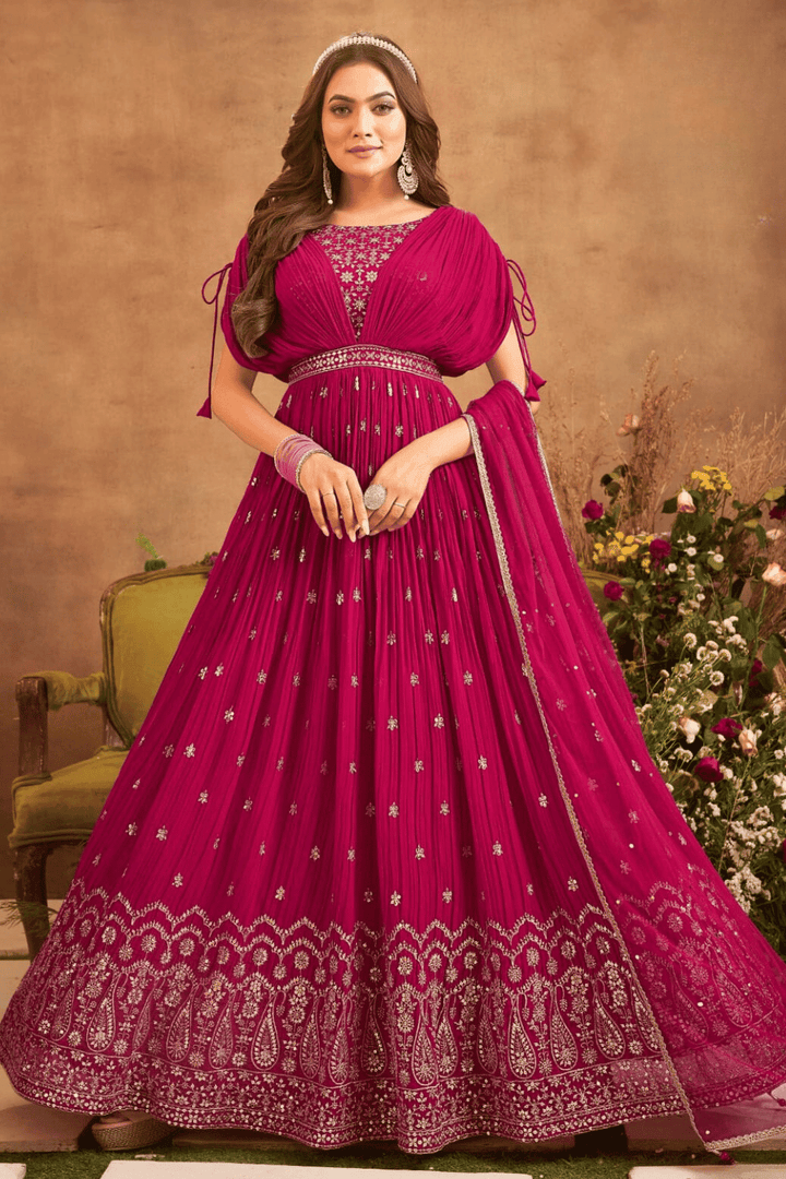 Rani Pink Silver Zari and Sequins work Poncho Style Anarkali Gown - Seasons Chennai