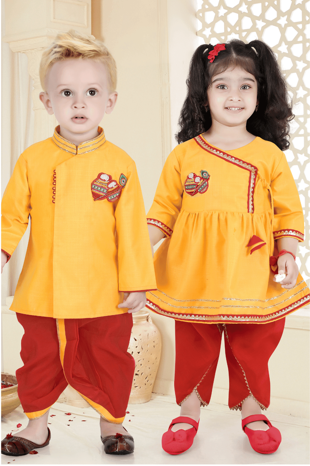 Yellow with Red Pearl, Stone and Beads work Kurta Set for Boys - Seasons Chennai
