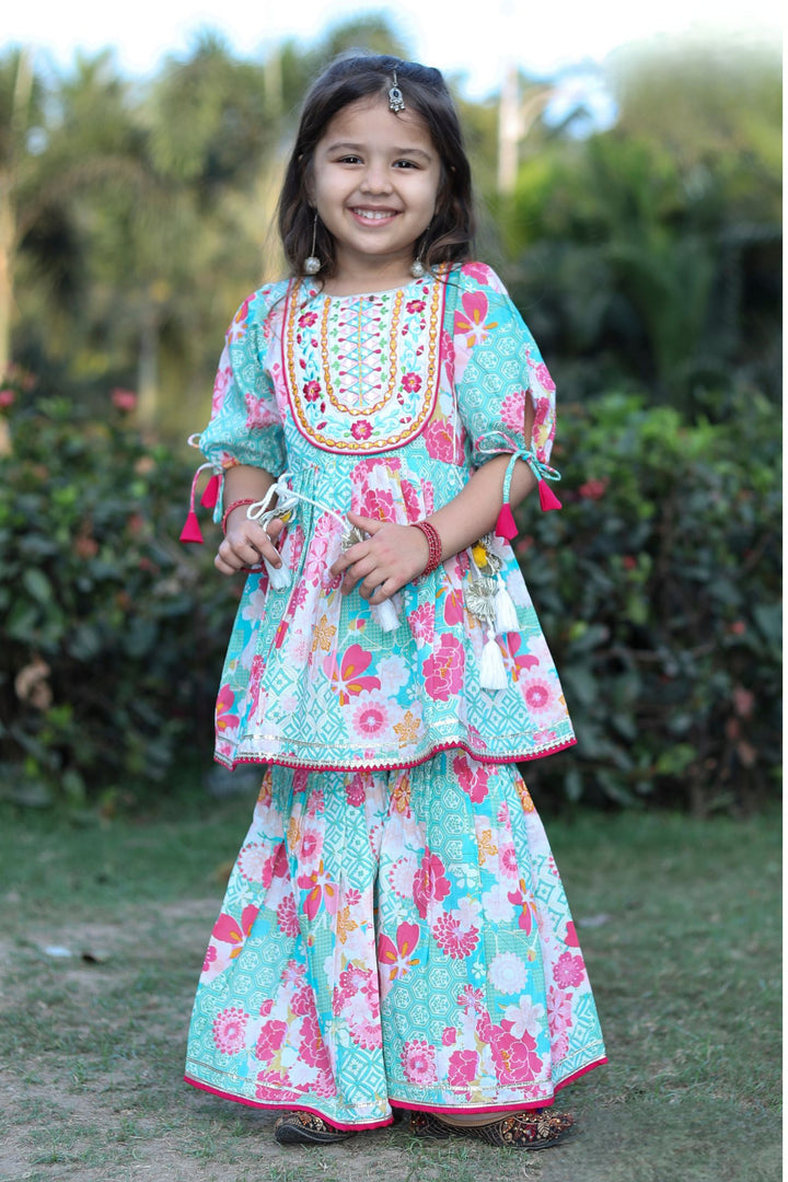 Multicolor Digital Print, Embroidery and Mirror work Peplum Top and Sharara Set for Girls