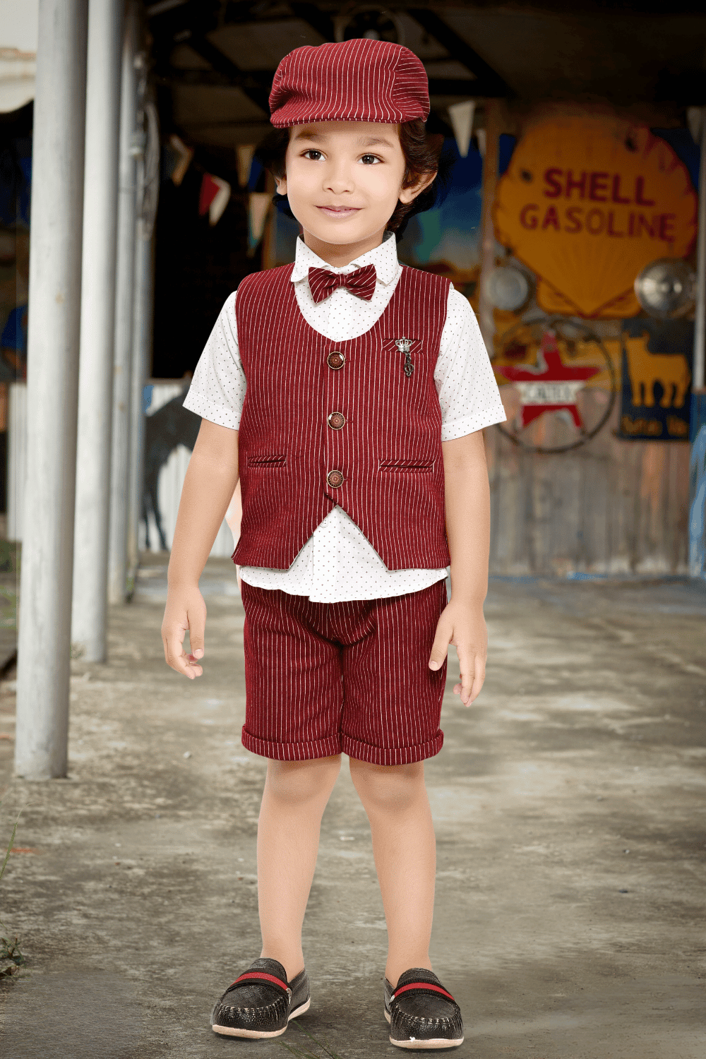 White and Maroon Printed Waist Coat and Half Shorts Set for Boys - Seasons Chennai