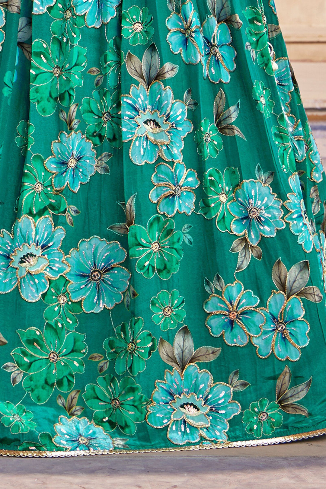Rama Green Beads, Zari and Pearl work with Floral Print Lehenga Choli for Girls