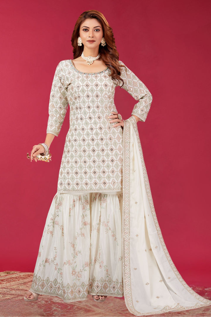 Cream Sequins, Zari, Thread and Mirror work Sharara Salwar Suit