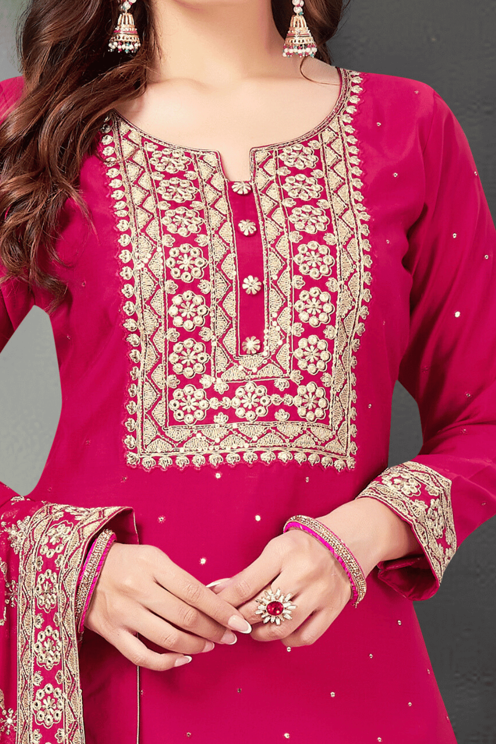 Rani Pink Sequins and Zari work Straight Cut Salwar Suit - Seasons Chennai