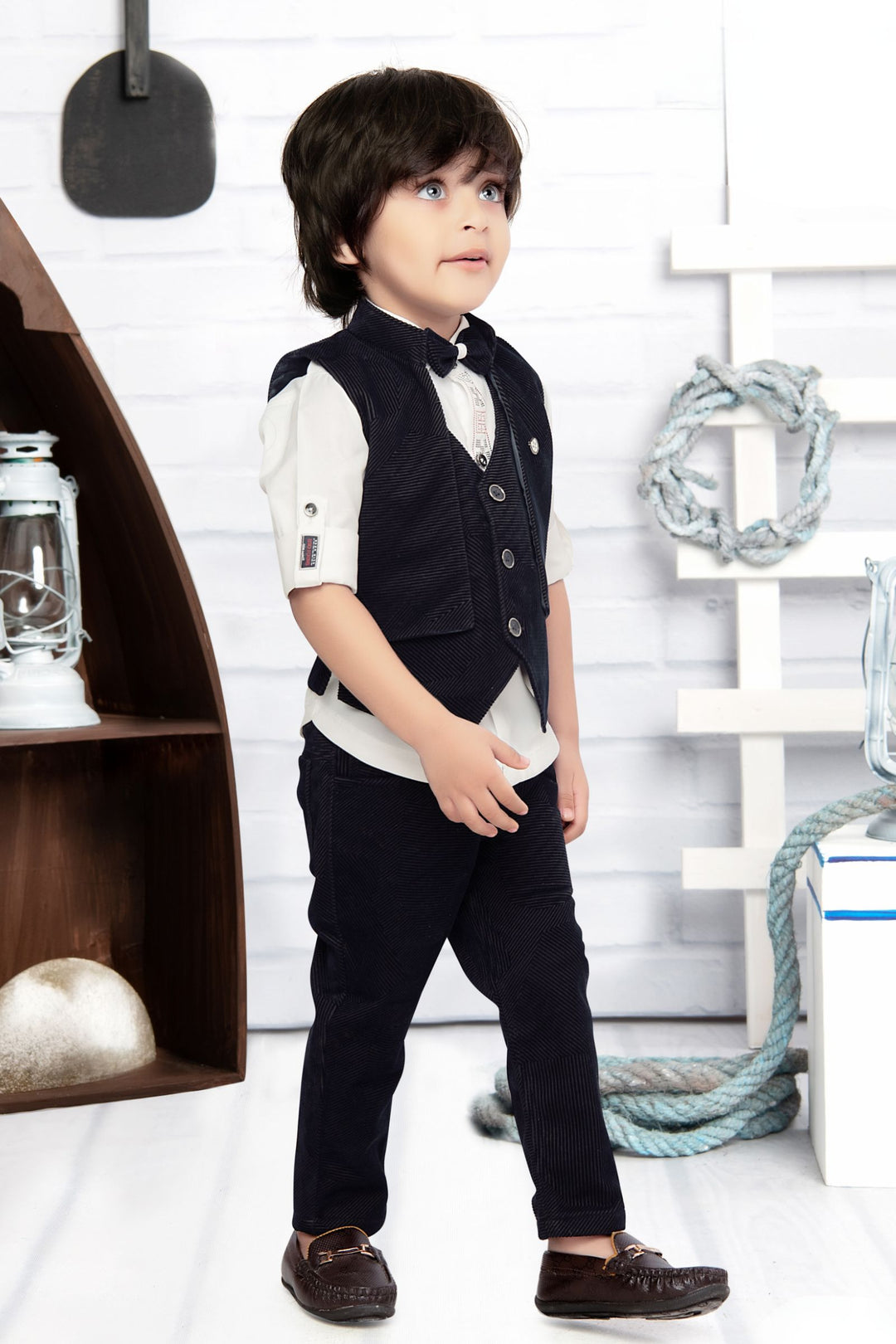 White with Navy Blue Waist Coat and Set for Boys