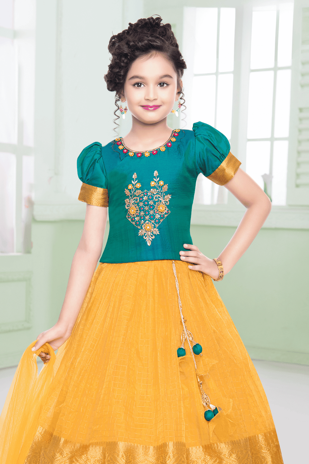 Rama Blue with Yellow Stone, Thread, Beads and Sequins work Lehenga Choli for Girls - Seasons Chennai