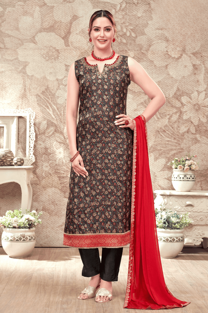Dark Grey Banaras, Mirror, Sequins and Beads work with Digital Print Straight Cut Salwar Suit - Seasons Chennai