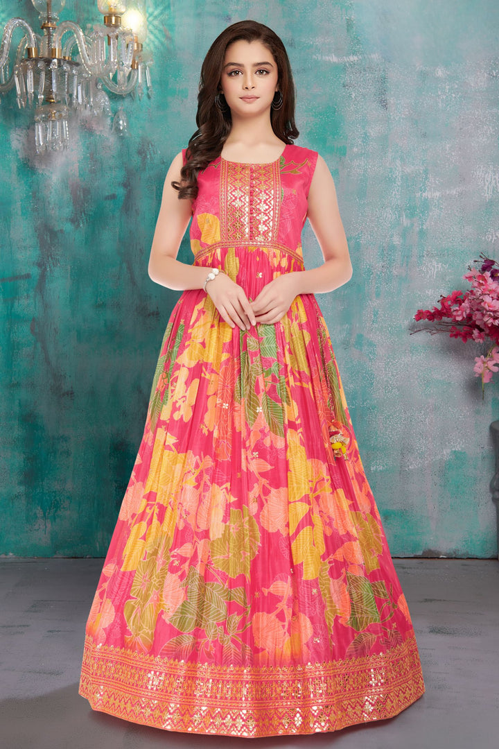 Rani Pink Gota Patti and Zari work with Floral Print Long Party Gown for Girls