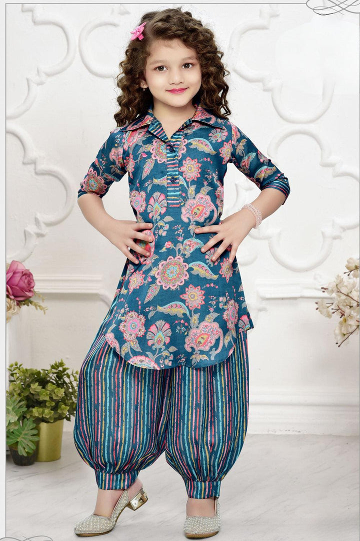 Blue Multicolor Digital Print Afghani Set for Girls - Seasons Chennai