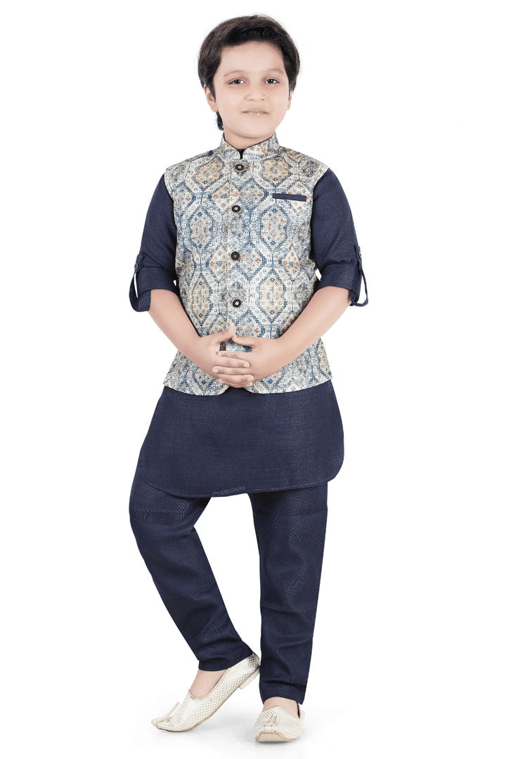 Navy Blue with Multicolor Digital Print and Thread Weaving work Waist Coat Kurta Set for Boys - Seasons Chennai
