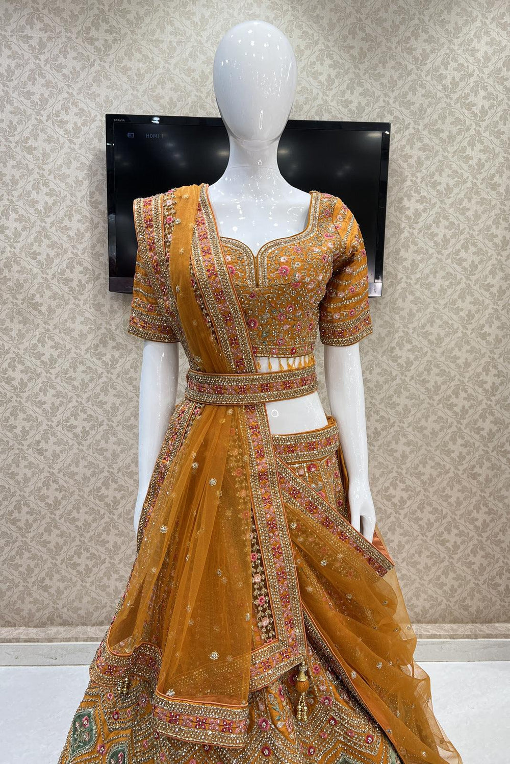 Mustard Stone, Zari, Sequins and Embroidery work Crop Top Designer Bridal Lehenga with Blet - Seasons Chennai