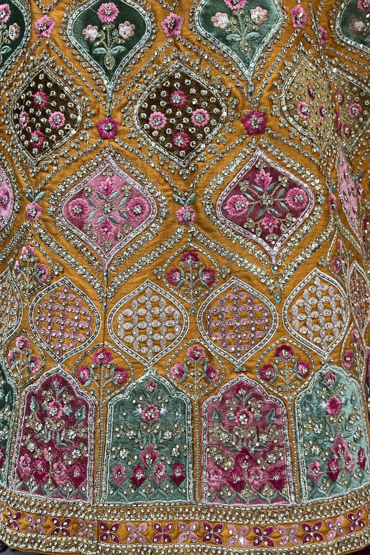 Mustard Stone, Zari, Sequins and Embroidery work Crop Top Designer Bridal Lehenga with Blet - Seasons Chennai