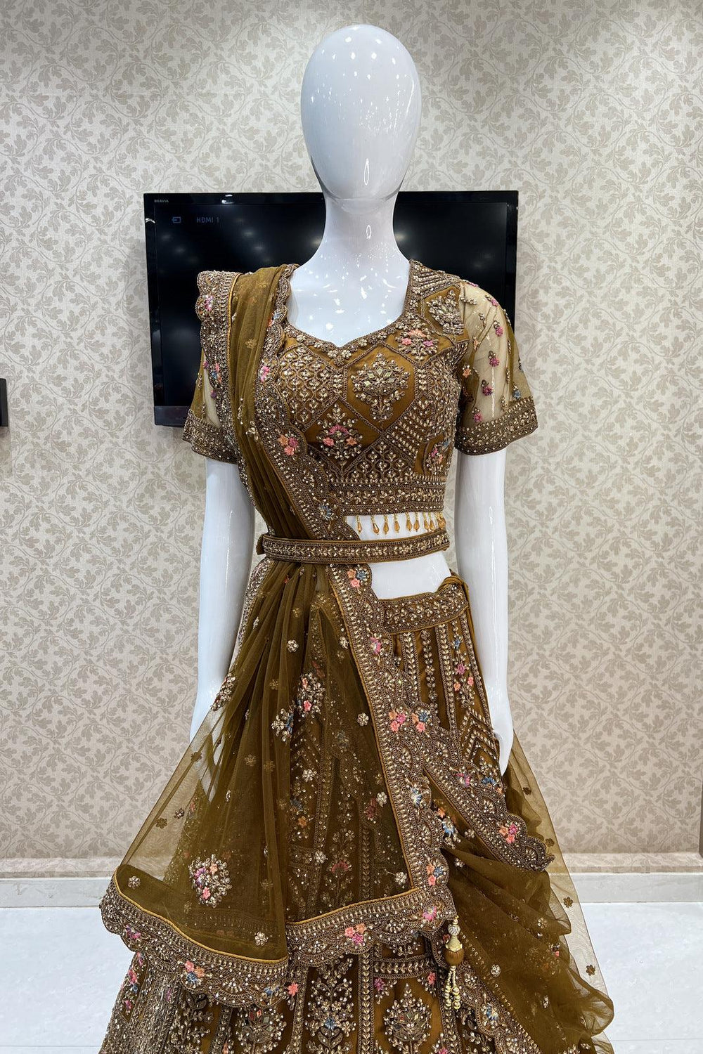 Honey Stone, Sequins, Zari, Mirror and Thread work Crop Top Designer Bridal Lehenga with Blet - Seasons Chennai