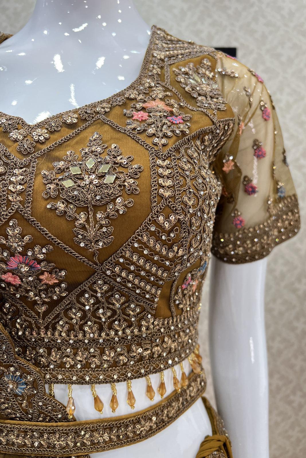 Honey Stone, Sequins, Zari, Mirror and Thread work Crop Top Designer Bridal Lehenga with Blet - Seasons Chennai