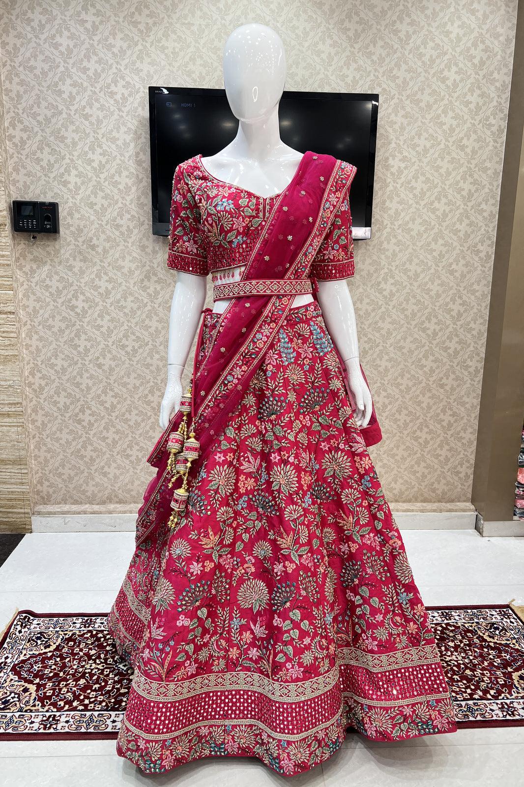 Rani Pink Multicolor Embroidery, Mirror and Stone work Crop Top Designer Bridal Lehenga with Blet - Seasons Chennai
