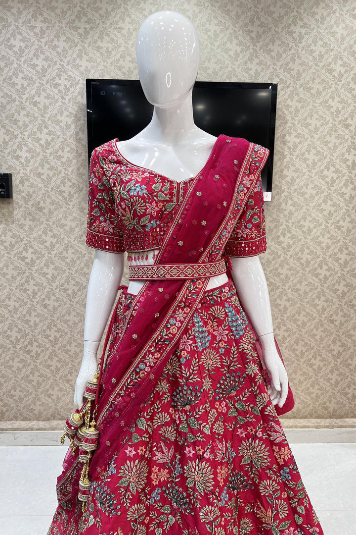 Rani Pink Multicolor Embroidery, Mirror and Stone work Crop Top Designer Bridal Lehenga with Blet - Seasons Chennai