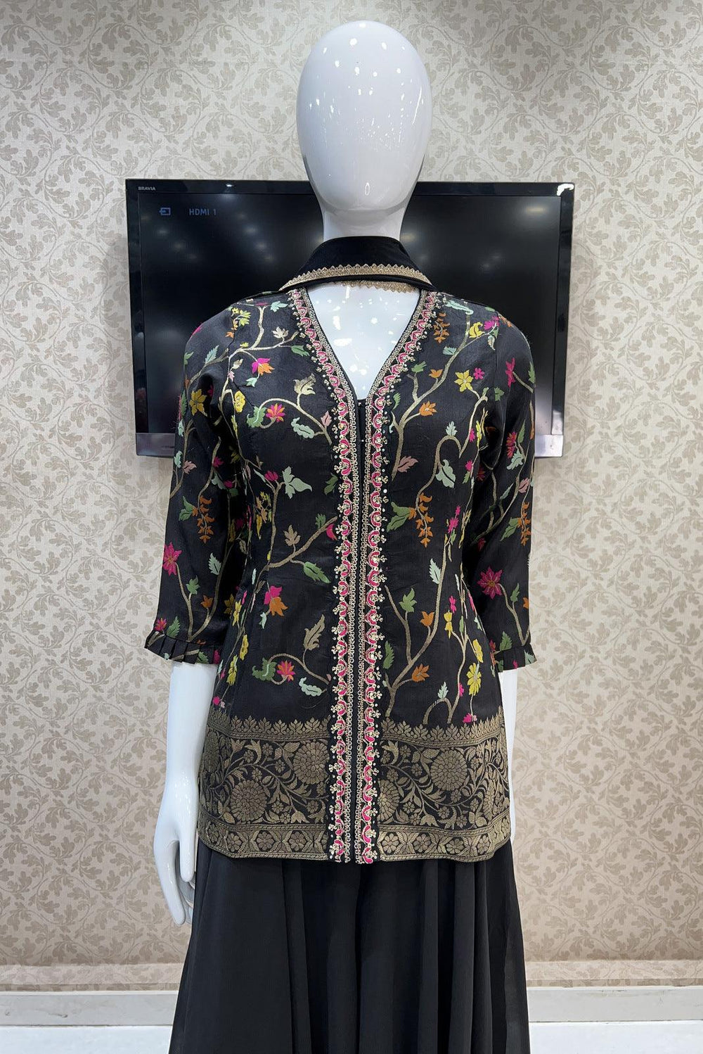 Black Banaras, Beads and Sequins work Palazzo Salwar Suit - Seasons Chennai
