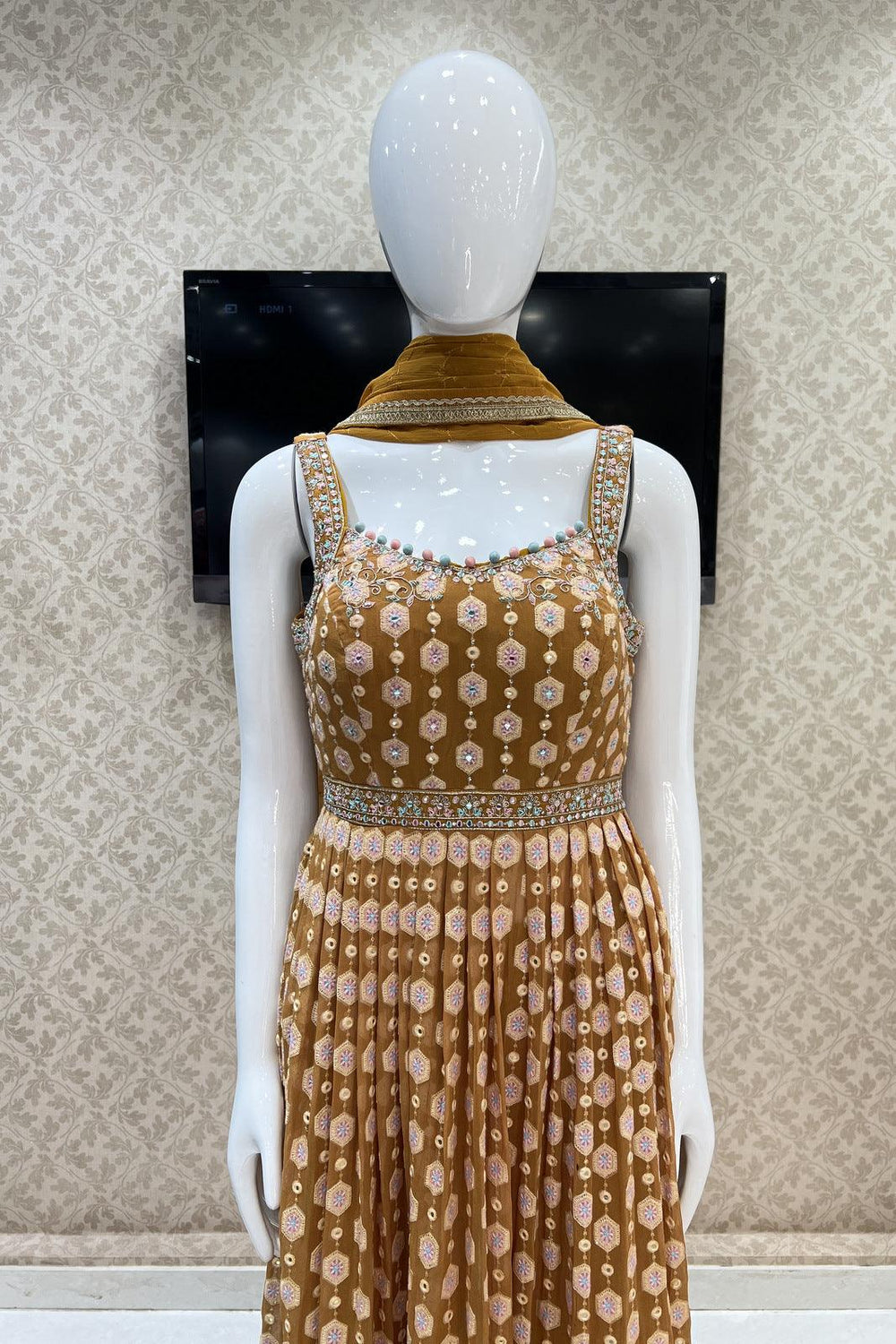 Mustard Sequins, Mirror, Stone, Zardozi and Embroidery work Salwar Suit with Palazzo Pants - Seasons Chennai