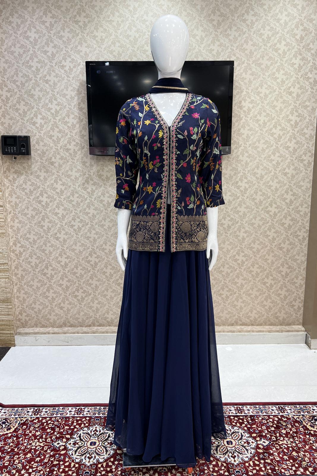 Navy Blue Banaras, Beads and Sequins work Palazzo Salwar Suit - Seasons Chennai