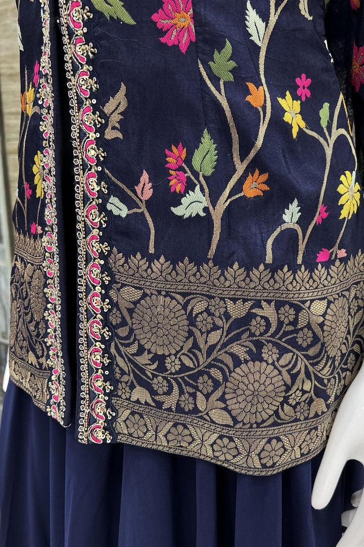 Navy Blue Banaras, Beads and Sequins work Palazzo Salwar Suit - Seasons Chennai
