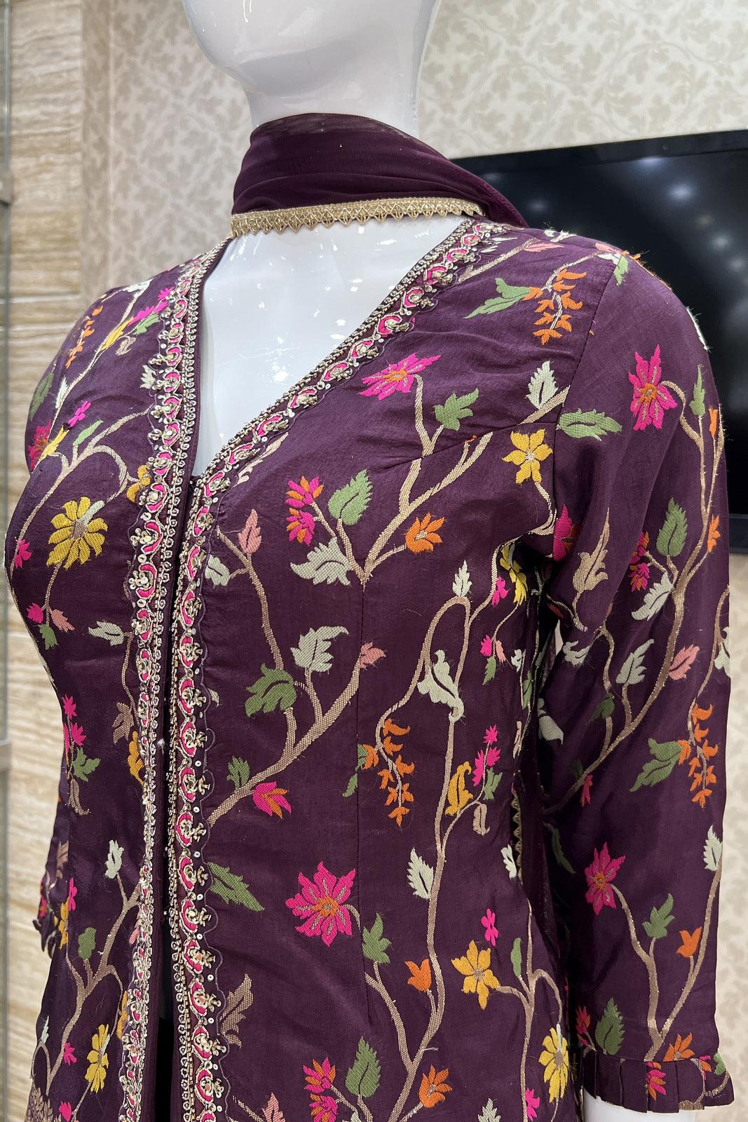 Wine Banaras, Beads and Sequins work Palazzo Salwar Suit - Seasons Chennai