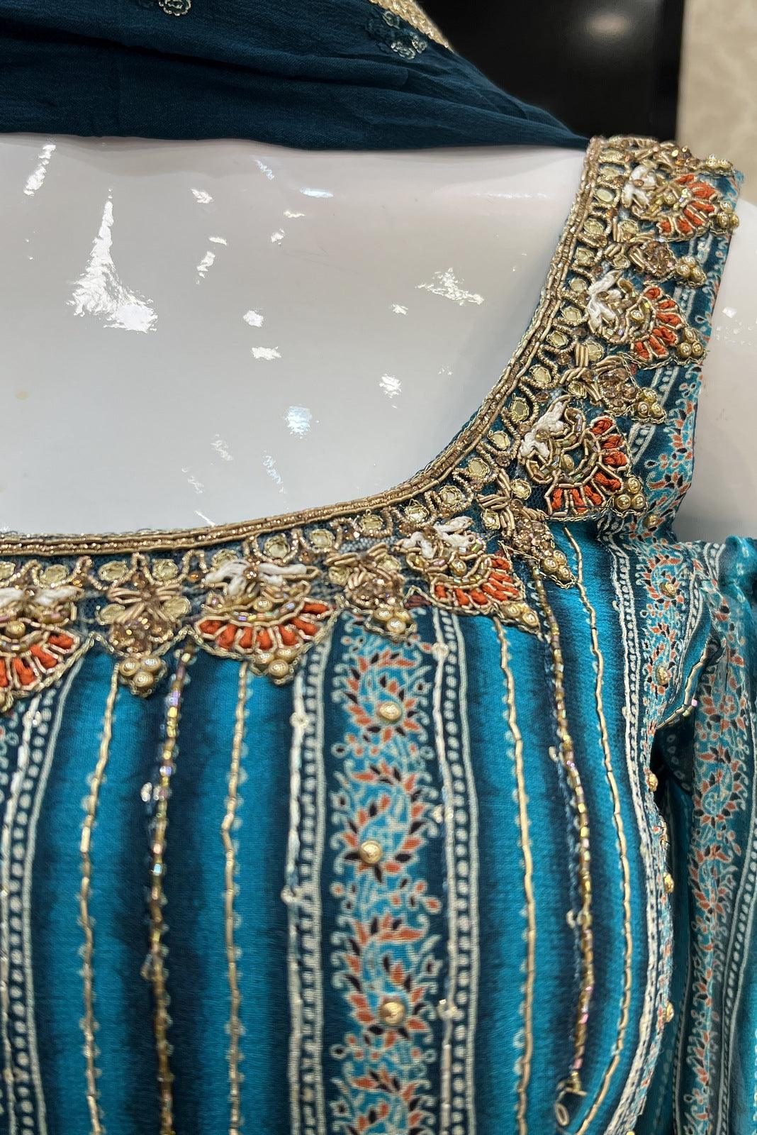 Peacock Blue Bandini Print, Zardozi, Kundan, Zari and Sequins work Crop Top with Palazzo Pant - Seasons Chennai