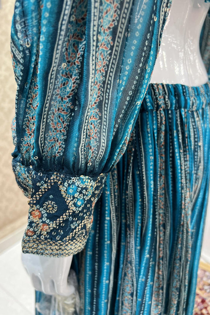 Peacock Blue Bandini Print, Zardozi, Kundan, Zari and Sequins work Crop Top with Palazzo Pant - Seasons Chennai