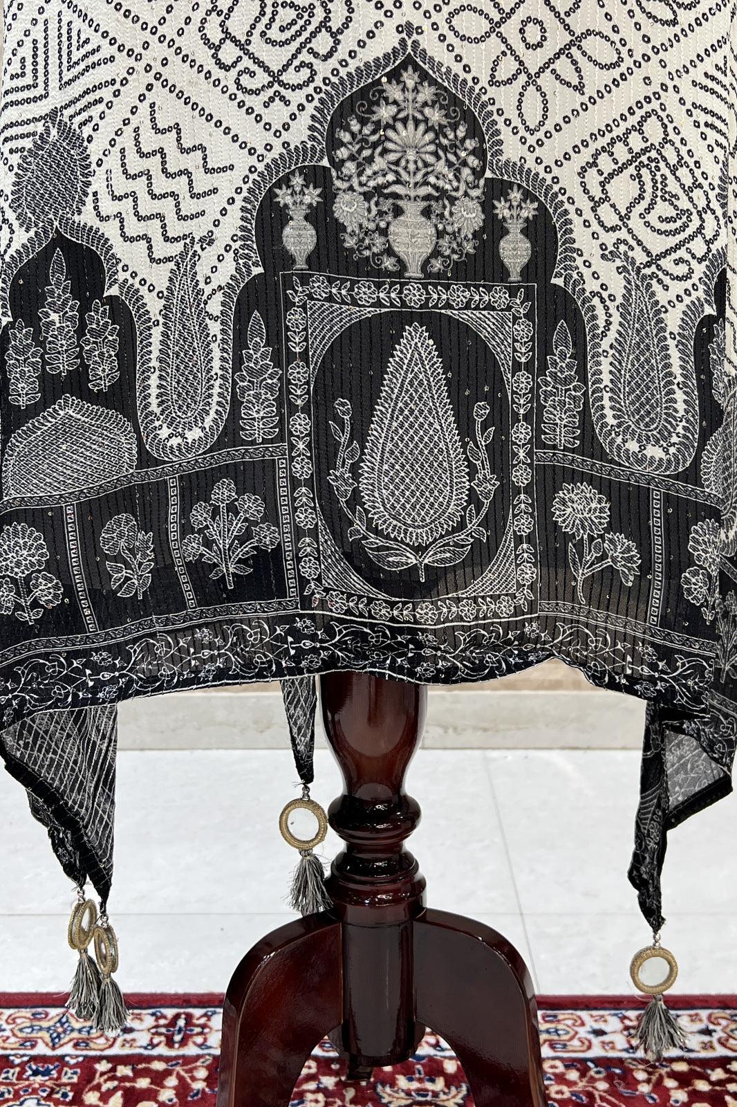 Half White with Black Bandini Print, Sequins, Beads and Mirror work Calf Length Kurti - Seasons Chennai