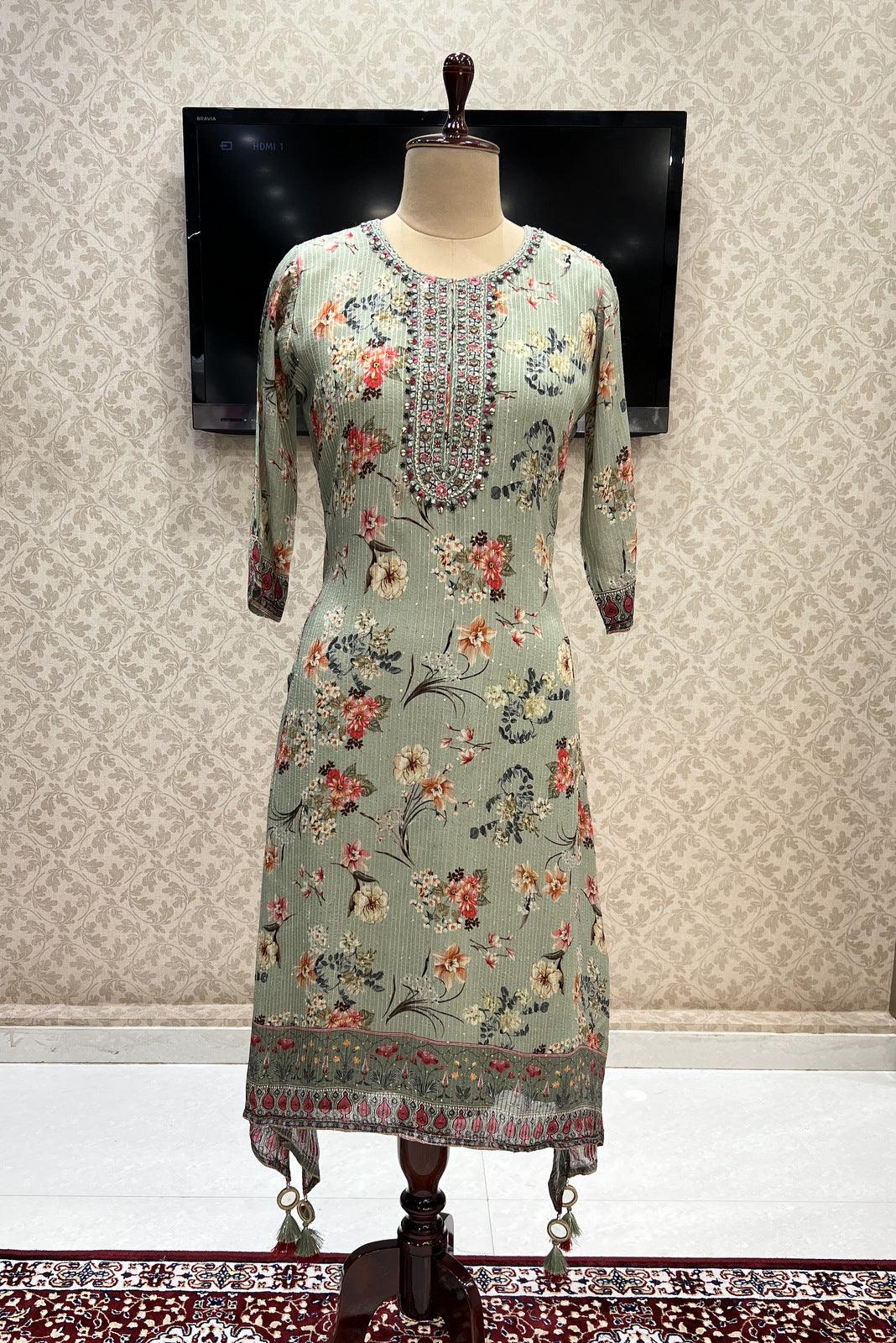Pista Green Floral Print, Sequins, Mirror, Zari and Thread Weaving work Calf Length Kurti - Seasons Chennai