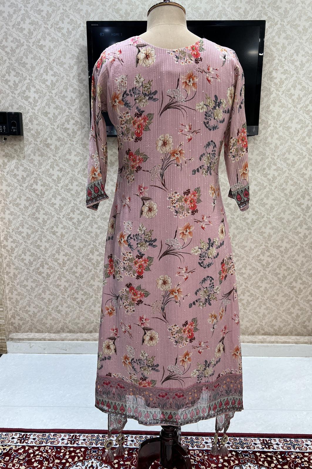 Pink Floral Print, Sequins, Mirror, Zari and Thread Weaving work Calf Length Kurti - Seasons Chennai