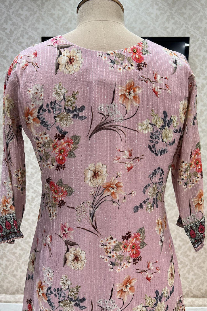 Pink Floral Print, Sequins, Mirror, Zari and Thread Weaving work Calf Length Kurti - Seasons Chennai