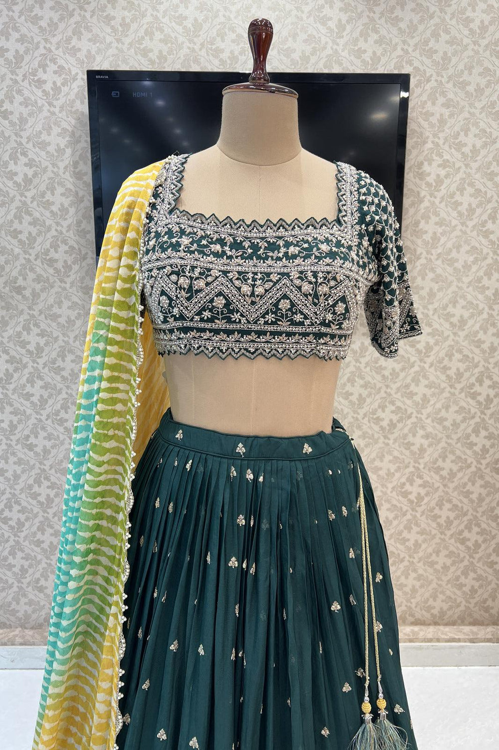 Bottle Green Pearl, Beads, Sequins, Zari and Zardozi work Crop Top Lehenga - Seasons Chennai