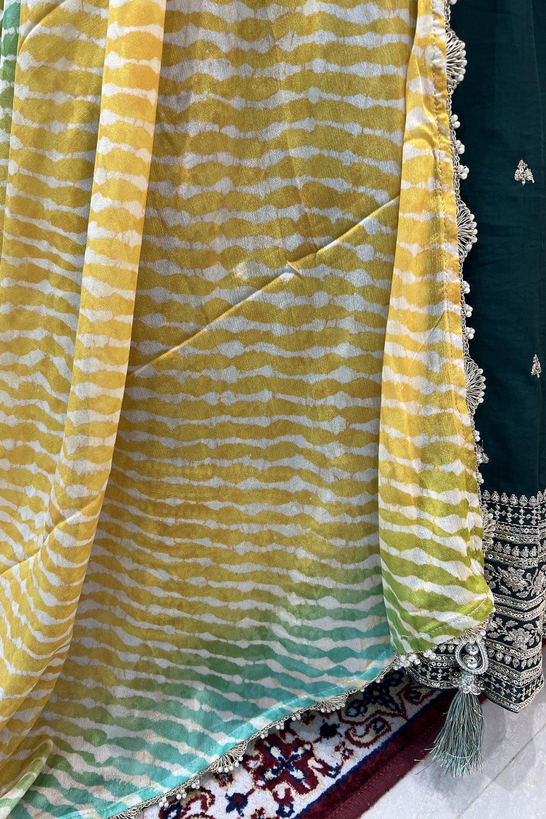 Bottle Green Pearl, Beads, Sequins, Zari and Zardozi work Crop Top Lehenga - Seasons Chennai
