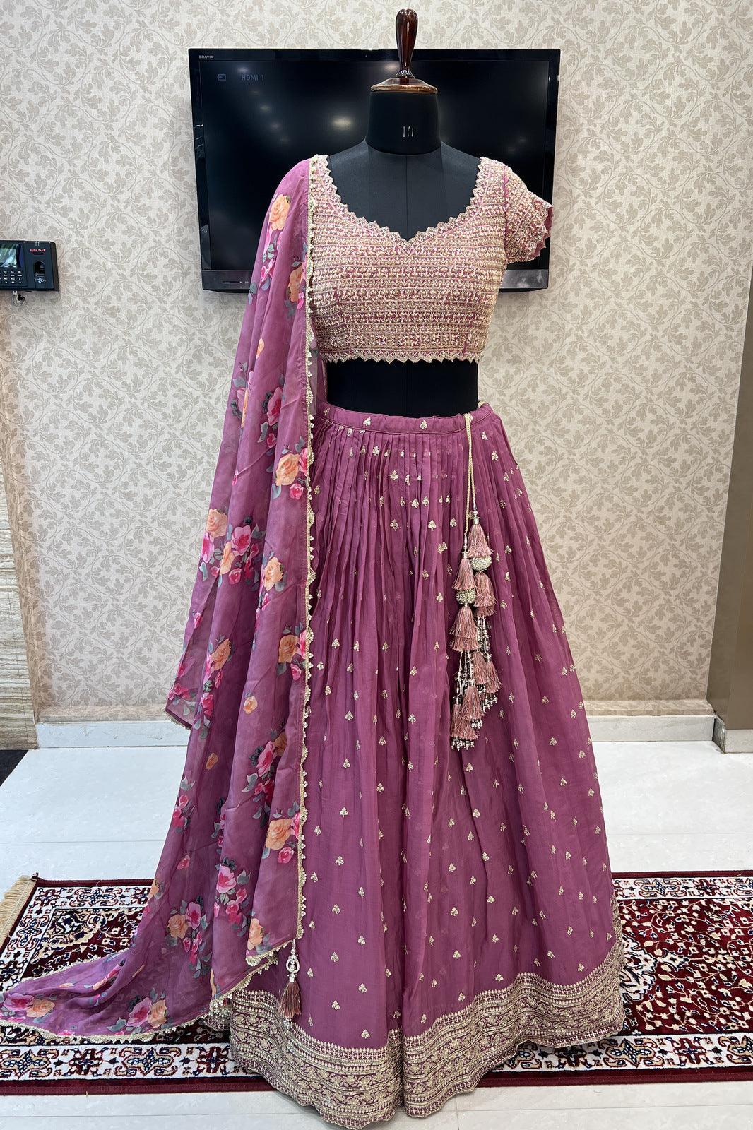Onion Pink Pearl, Zardozi, Beads, Zari and Sequins work Crop Top Lehenga - Seasons Chennai
