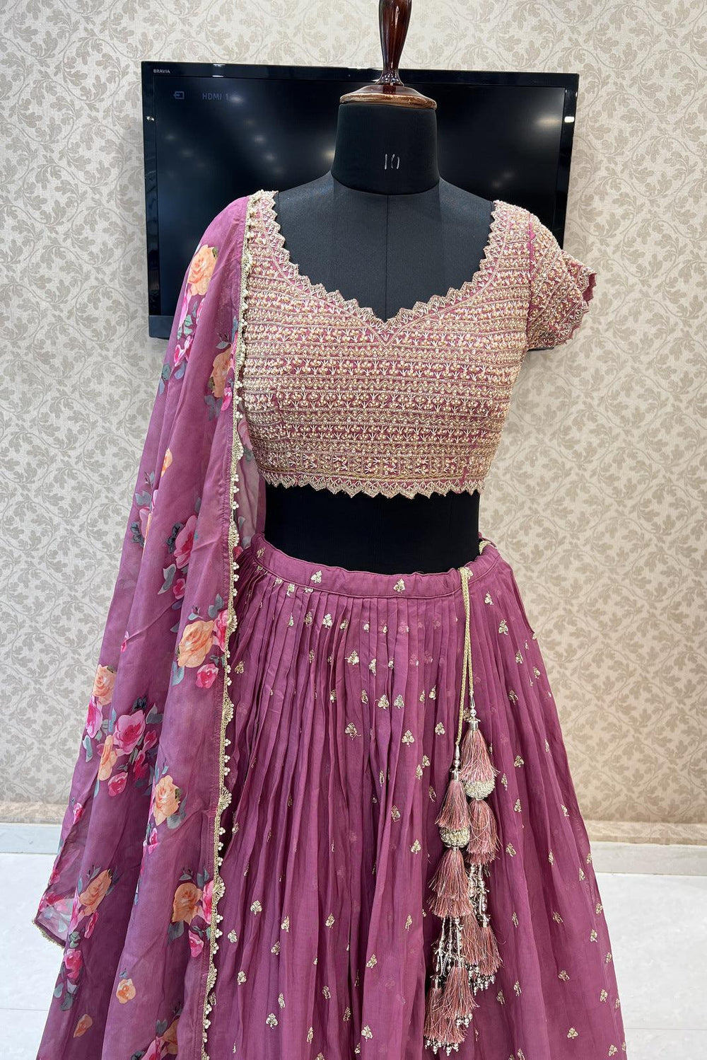 Onion Pink Pearl, Zardozi, Beads, Zari and Sequins work Crop Top Lehenga - Seasons Chennai