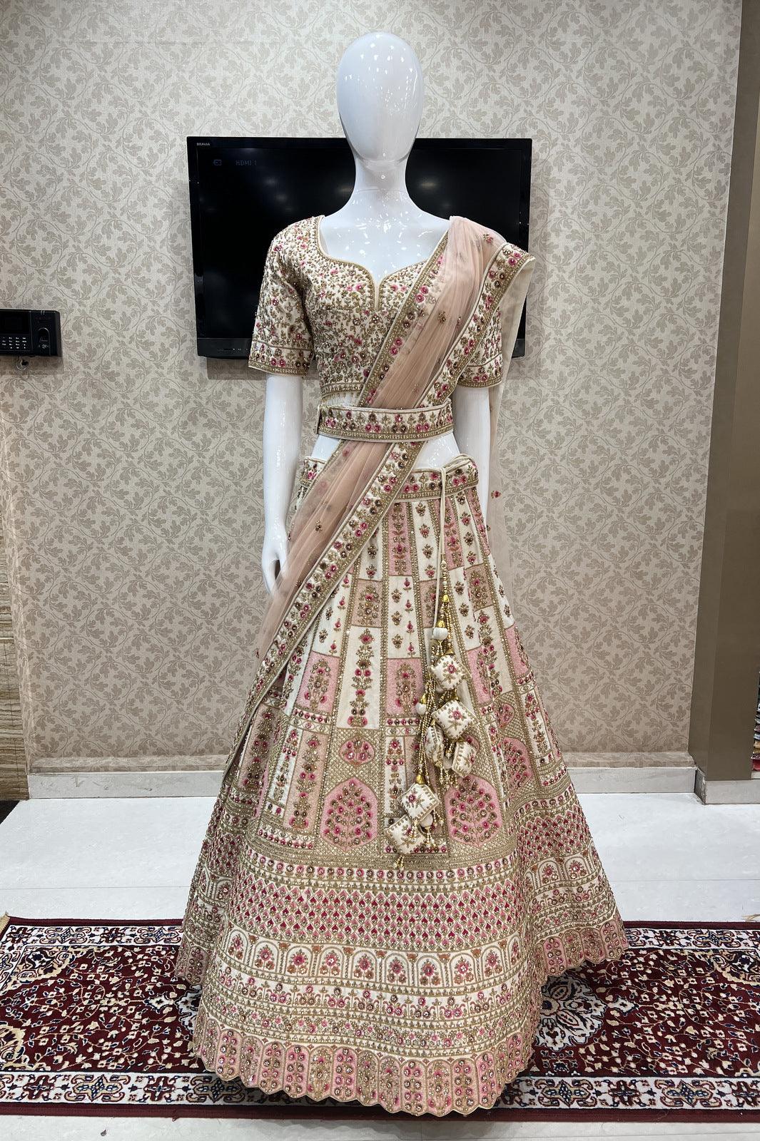 Cream Multicolor Embroidery, Zari, Stone and Beads work Crop Top Designer Bridal Lehenga with Blet - Seasons Chennai