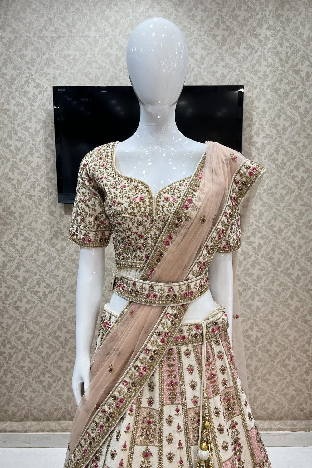 Cream Multicolor Embroidery, Zari, Stone and Beads work Crop Top Designer Bridal Lehenga with Blet - Seasons Chennai