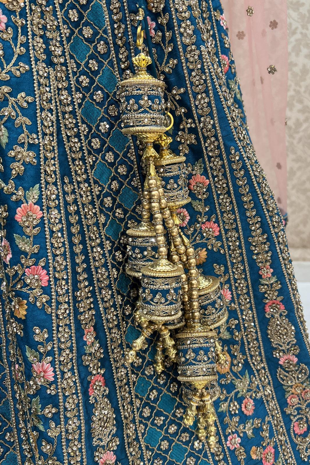 Rama Blue Multicolor Embroidery, Zari, Stone and Beads work Crop Top Designer Bridal Lehenga with Blet - Seasons Chennai