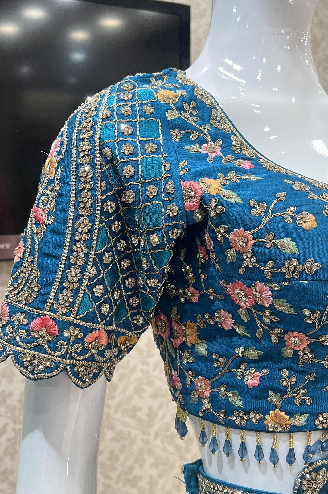 Rama Blue Multicolor Embroidery, Zari, Stone and Beads work Crop Top Designer Bridal Lehenga with Blet - Seasons Chennai