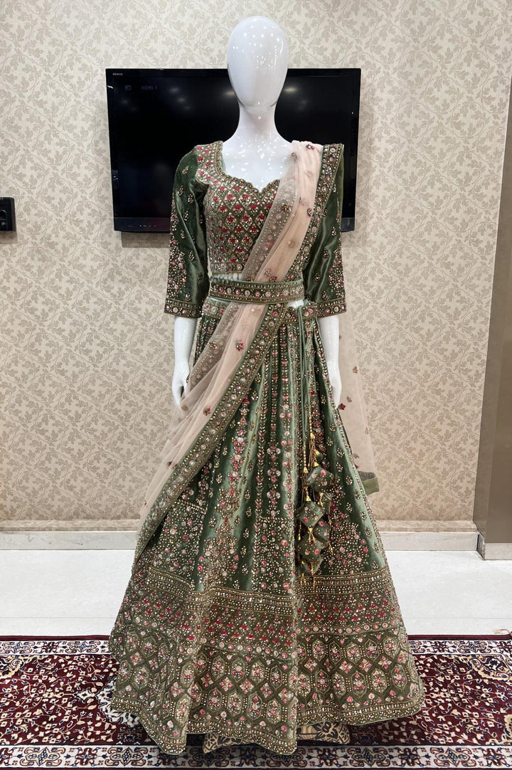 Elaichi Green Multicolor Embroidery, Zari, Stone and Beads work Crop Top Designer Bridal Lehenga with Blet - Seasons Chennai