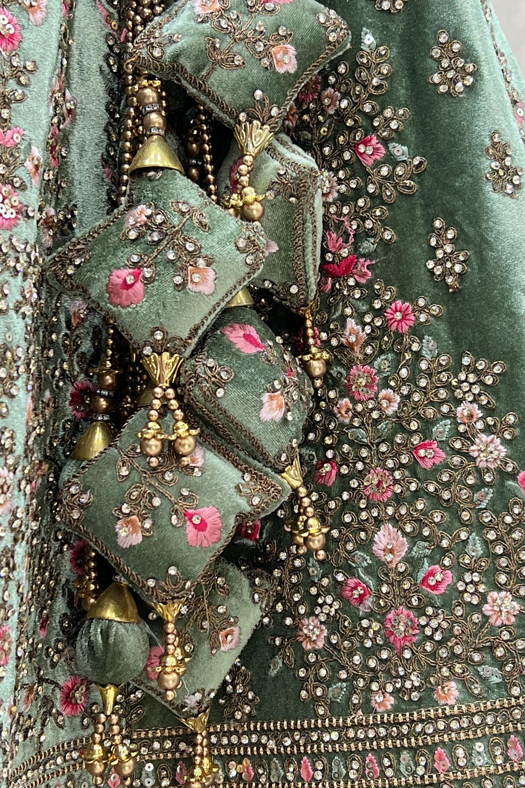 Elaichi Green Multicolor Embroidery, Zari, Stone and Beads work Crop Top Designer Bridal Lehenga with Blet - Seasons Chennai