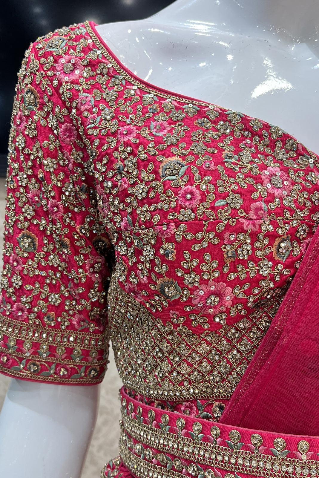 Rani Pink Stone, Thread, Zari and Sequins work Crop Top Designer Bridal Lehenga with Blet - Seasons Chennai