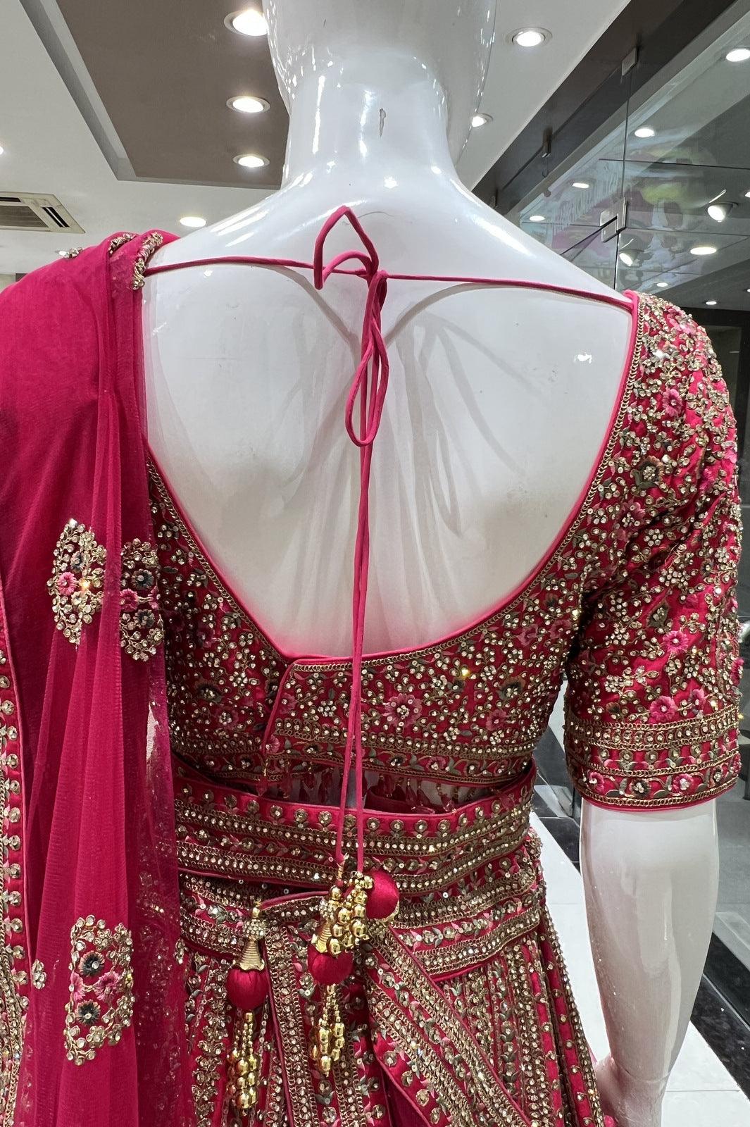 Rani Pink Stone, Thread, Zari and Sequins work Crop Top Designer Bridal Lehenga with Blet - Seasons Chennai