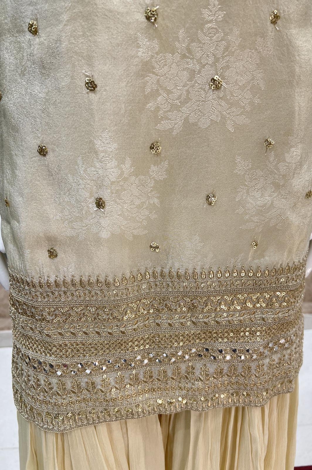 Cream Self Print, Sequins, Stone, Beads and Pearl work Sharara Suit Set - Seasons Chennai