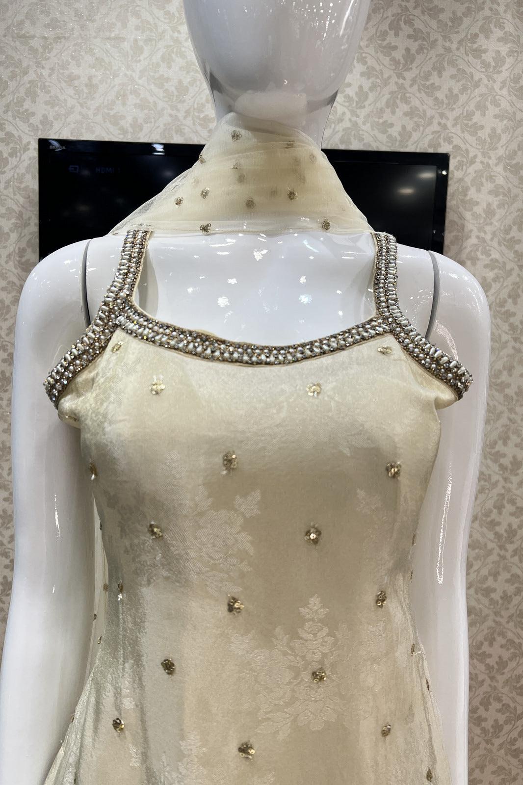 Cream Self Print, Sequins, Stone, Beads and Pearl work Sharara Suit Set - Seasons Chennai