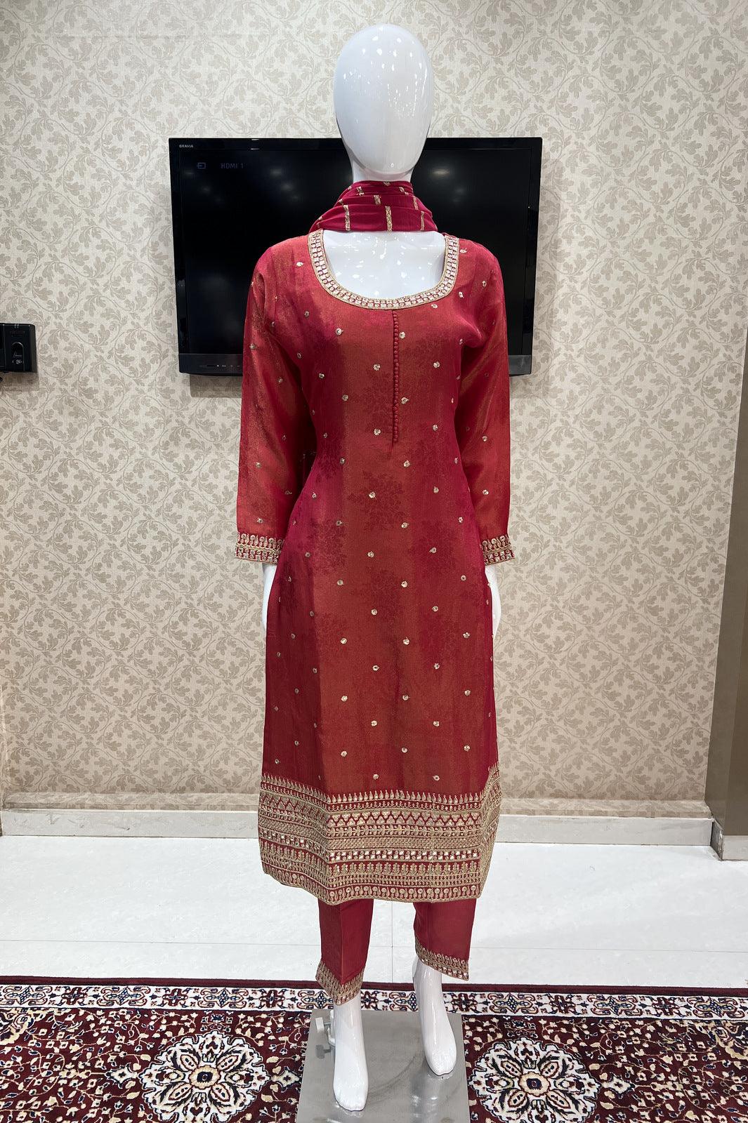 Red Self Printed, Sequins and Zari work Straight Cut Salwar Suit - Seasons Chennai