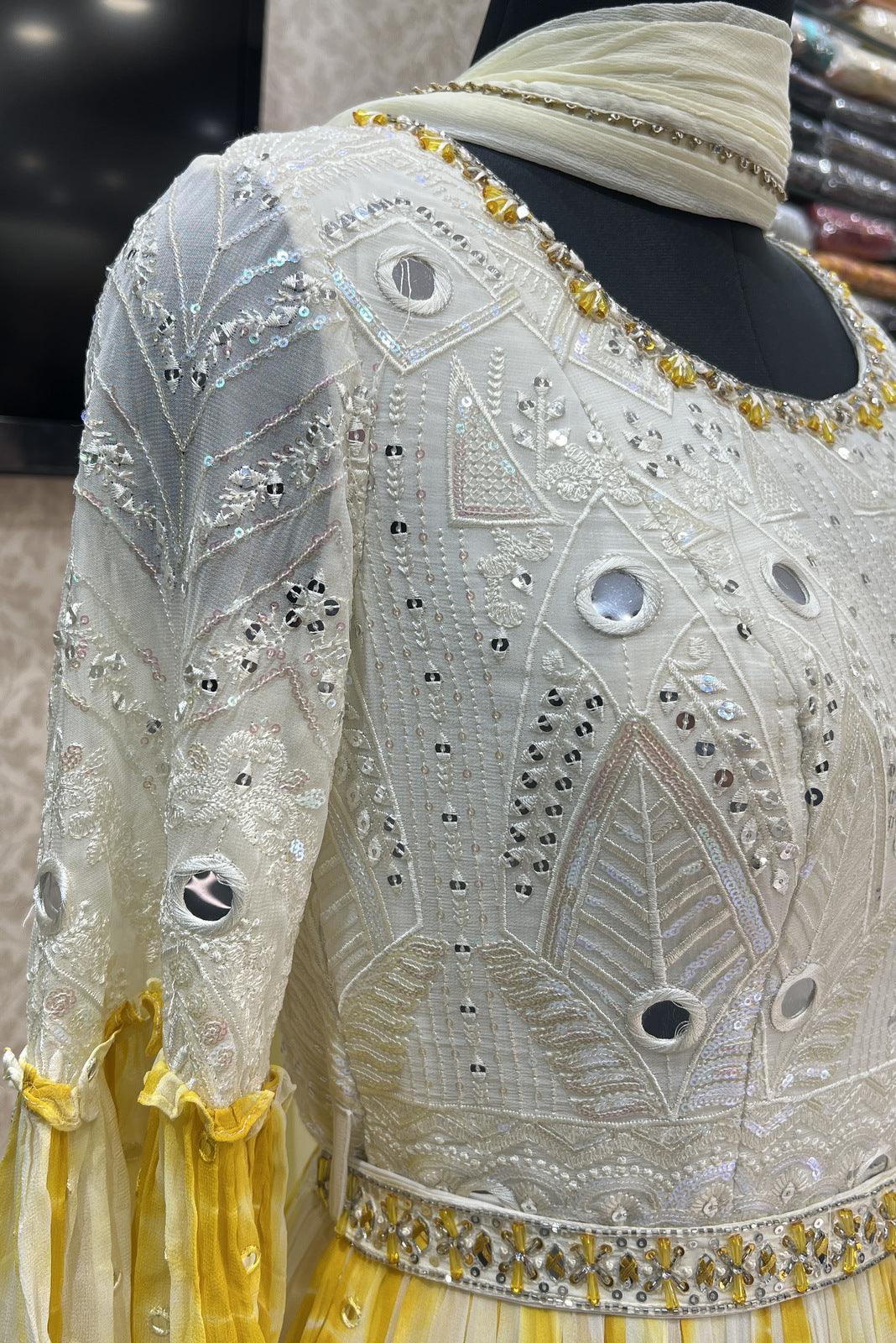 Cream with Yellow Tie and Dye Print, Sequins, Thread and Beads work Floor Length Anarkali Suit - Seasons Chennai