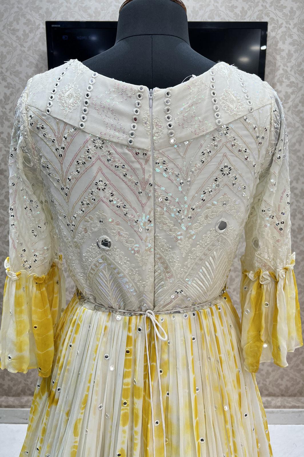 Cream with Yellow Tie and Dye Print, Sequins, Thread and Beads work Floor Length Anarkali Suit - Seasons Chennai
